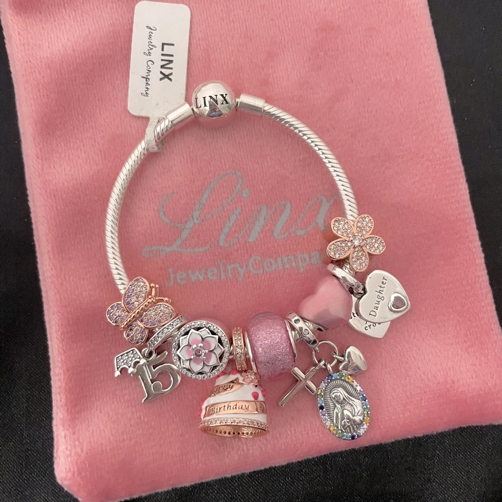 Linx Snake Chain Bracelet with Quinceanera 15th Birthday Themed Charms
